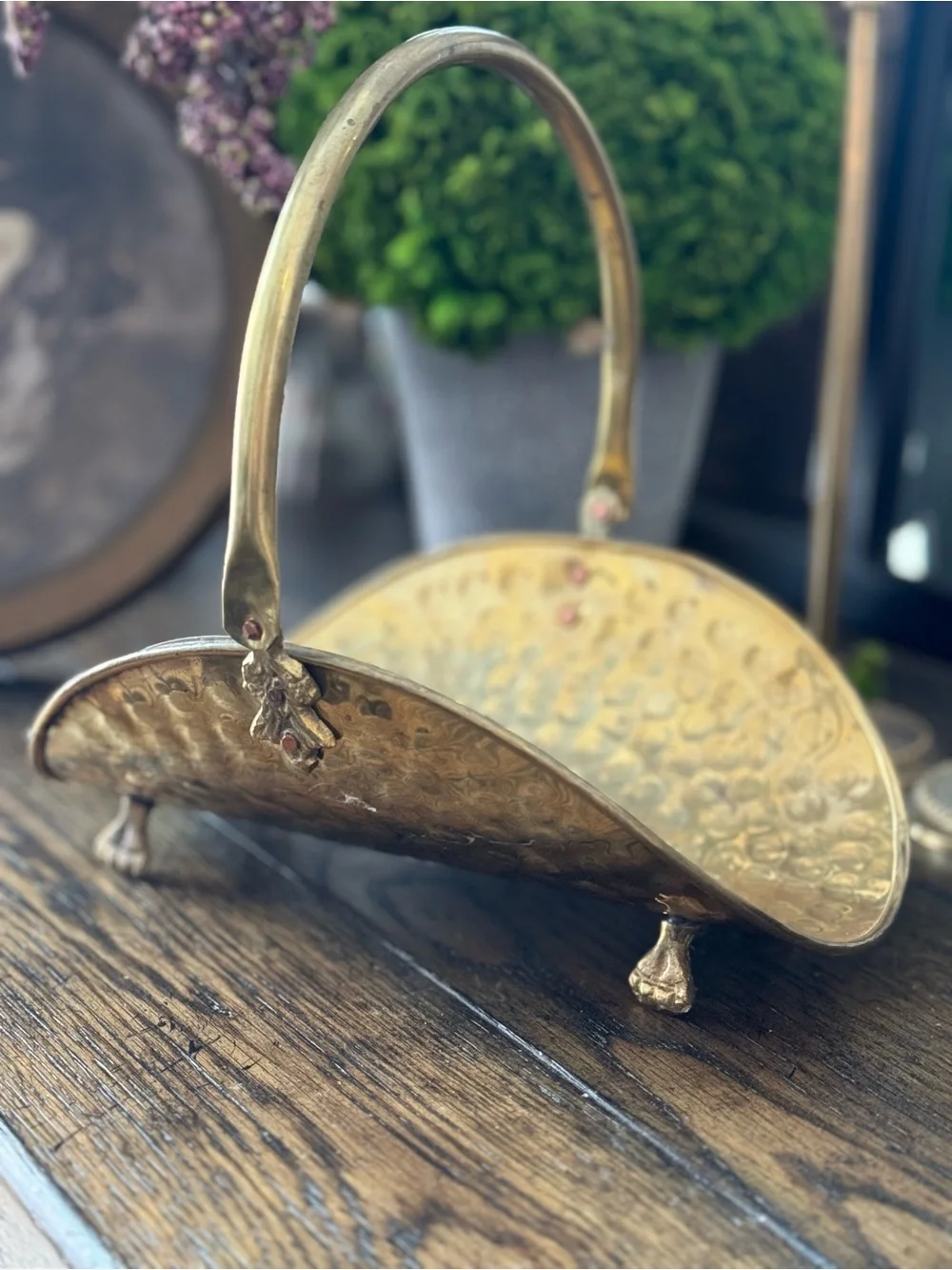 Vintage Hammered Brass Log Basket Decor